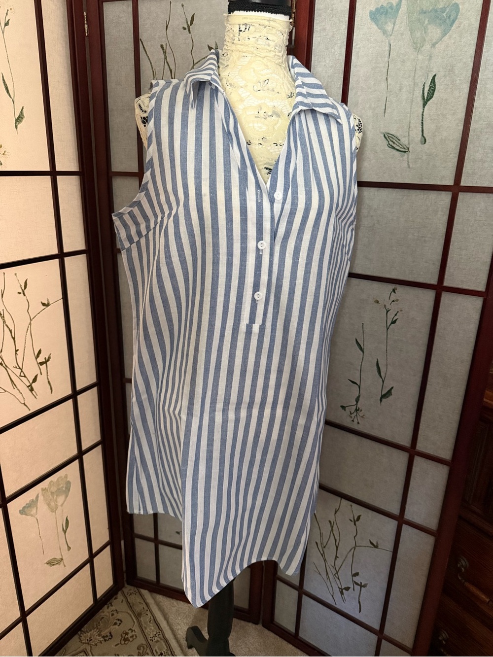 Sleeveless Blue and White Striped Collared Tunic